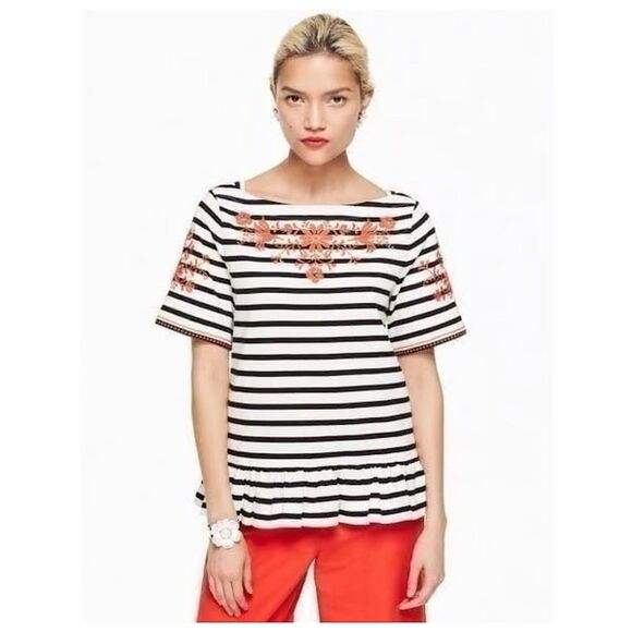 kate spade new york Tops - Broome Street Kate Spade Embroidered Ruffled Top Womens Sz L Striped Black W